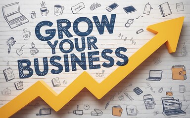 Creative layout with "Grow Your Business" text and a upward arrow promoting business growth and financial success.