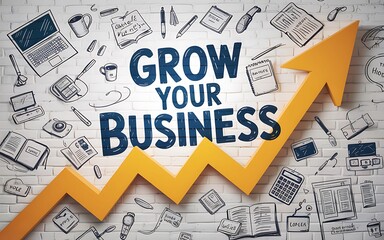 Business growth concept showcases an upward trend with a prominent arrow amid financial and creative illustrations.