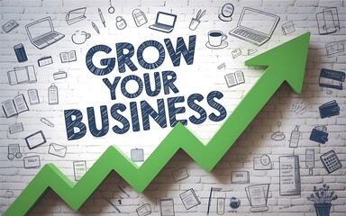A visual metaphor illustrates business growth with an upward green arrow on a brick wall with office doodles.