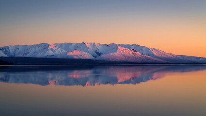 Obraz premium Serene Sunrise: Snow-capped Mountains Reflected in Calm Lake Waters, Peaceful Landscape Photography