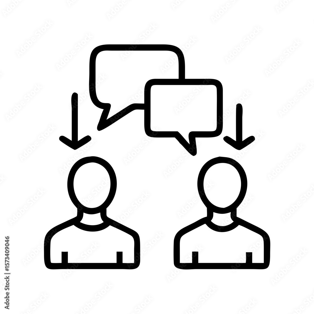 Poster communication diagram showing people with speech bubbles and arrows for information flow process on 