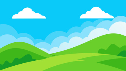 A vibrant summer landscape with green meadows, rolling hills, and majestic mountains under a blue sky with fluffy clouds