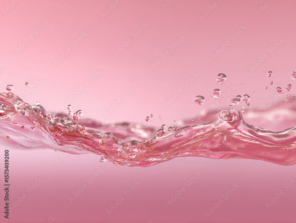 Poster close-up view of a dynamic pink liquid splash with bubbles, captured against a soft light and pink g
