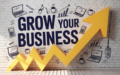 Business growth concept featuring a yellow arrow pointing upwards on a textured brick wall for financial success and opportunity.