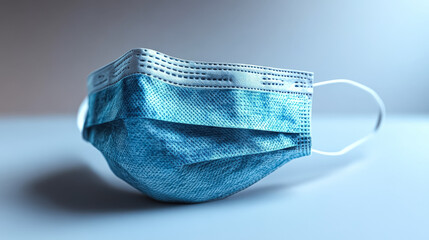Blue surgical mask is laying on a table. The mask is made of plastic and has a white handle
