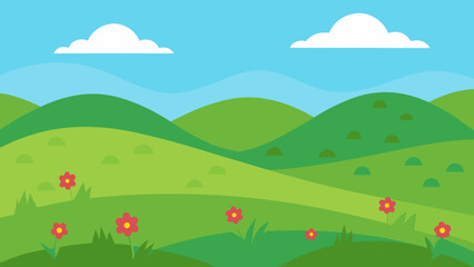 Obraz premium Green summer landscape with a field of grass and flowers under a blue sky, ideal for a nature vector illustration