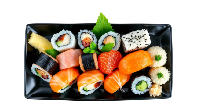 Set of sushi on black plate isolated on transparent background - Powered by Adobe