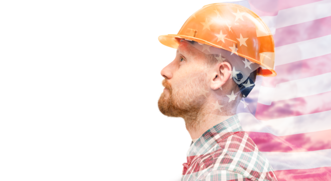 Portrait of a man in a hard hat in profile, with an American flag overlay. Labor Day concept. Isolated on white background