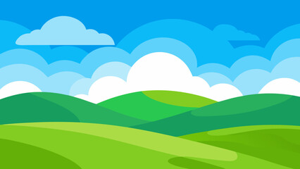 Fototapeta premium Green summer landscape with hills, blue sky, and clouds