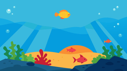 Colorful coral reef with fishes under a vibrant ocean sky illustration during summer