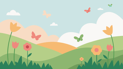 Naklejka premium A vibrant vector illustration depicts a joyful spring landscape with green grass, blooming flowers, and a clear sky, perfect for an Easter background