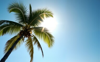 Copy space of tropical palm tree with sun light on sky background. High quality