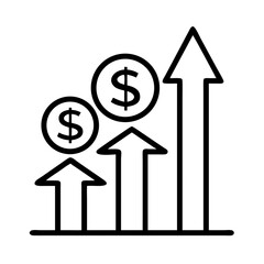 Business growth chart with dollar coins and upward arrows showing financial increase success on transparent background