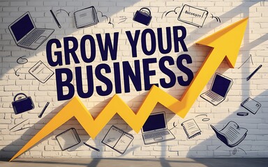 Bright yellow arrow symbolizes business growth and success against a white brick wall, showcasing upward trend and financial development.