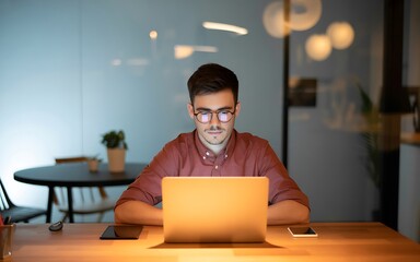 Young professional works on a laptop at night, focused and illuminated by the screen in a modern office setting.