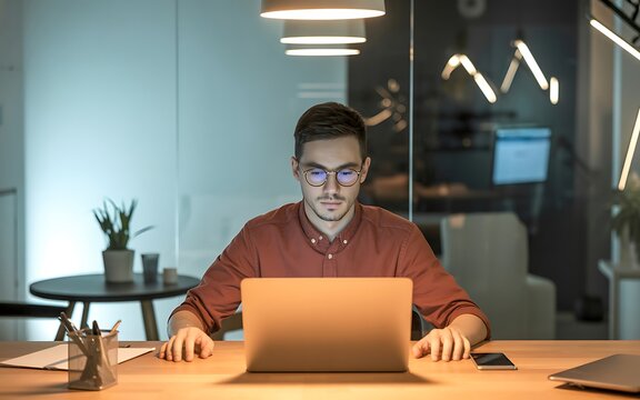 Focused young man working late at his laptop in a modern office, a picture of determination and concentration.