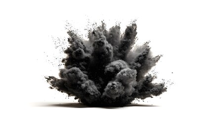 High Impact Black Powder Explosion on White Backdrop for Contemporary Graphic Design Element