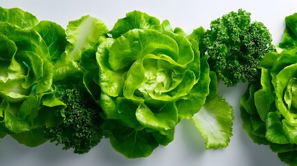 Modern Advertisement Design Background with Crisp Green Lettuce and Kale on an Immaculate White Surface Emphasizing Simplicity and Clarity
