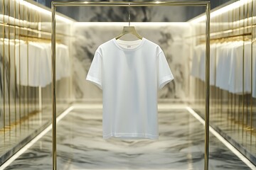 Crisp white tee shirt hanging on a gold rack, perfect for showcasing fashion apparel in a modern boutique or wardrobe.