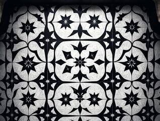 Elegant Black and White Geometric Tile Pattern:  Intricate Design for Interior Decor & Backgrounds