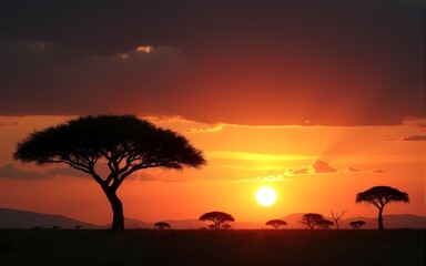 Panorama silhouette tree and dark clouds in africa with sunset.Tree silhouetted against a setting sun reflection on water.Typical african sunset with acacia trees in Masai Mara, Kenya. High quality