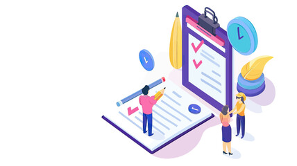Isometric business people marking checklist on clipboard and paper survey form with large pencil and clock elements illustrating planning and organization concept