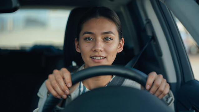 Young woman smiling while driving a car on a sunny day inside the vehicle