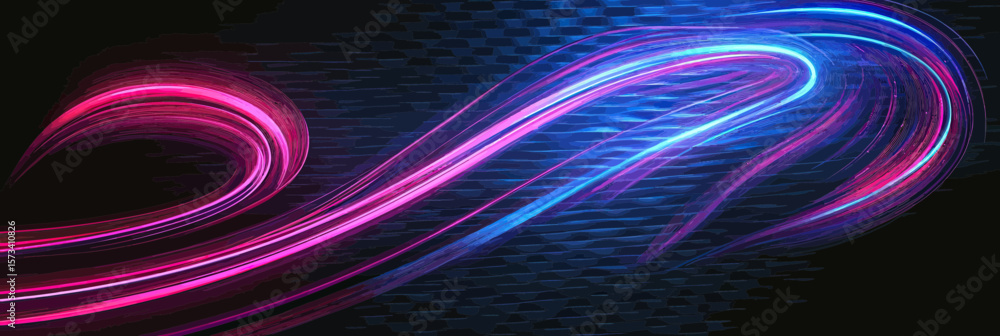 Poster neon light trail abstract speedway design with blue and pink glowing lines dynamic motion effect on 