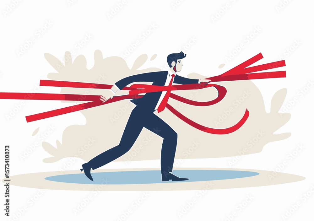 Poster businessman running while tied with multiple red tape strips symbolizing career obstacles limitation