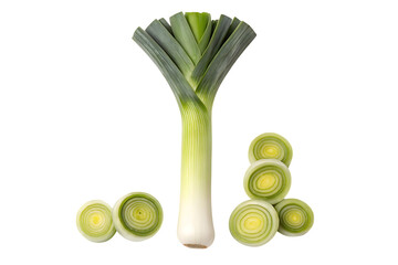 Fresh leek and slices isolated on transparent background