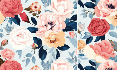 Seamless floral pattern with pink red cream roses peonies leaves decorative background for wallpaper textile design vector illustration