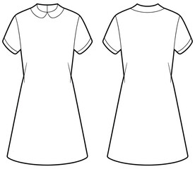 Short sleeve dress technical flat, Peter Pan collar design, front back view, minimalist fashion sketch, sewing pattern, garment illustration