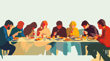 Group of diverse people eating dinner together at table enjoying meal and social gathering in flat minimalist vector style illustration