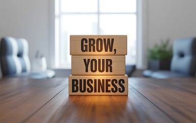 Blocks spell grow your business on an office desk, a symbol of ambition and business growth strategy.