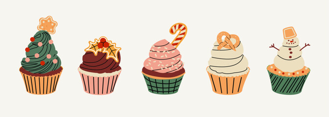 Set of Christmas New Year stickers with sweet cupcakes. Winter holiday design for greeting card, invitation, cover, calendar, social media posts, menu.	