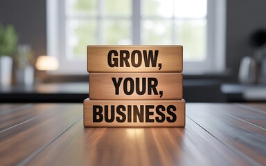 Wooden blocks display message to grow your business on a gleaming wooden surface, symbolizing growth and success