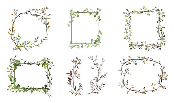 Set of six hand drawn botanical frames with various green and brown leaves and branches in minimalist watercolor style for decorative borders design elements