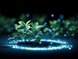 Digital rendering of a plant growing in a blue, circular pattern against a black background, surrounded by green leaves and spherical blue lights The scene represents eco-friendly tech - AI-Generated