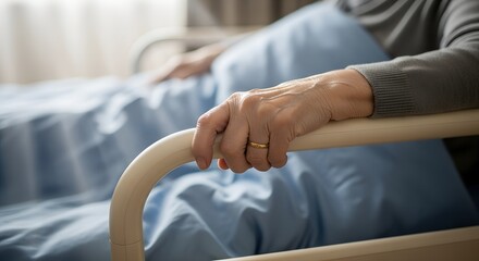 Fototapeta premium Elderly person holding hospital bed railing with blue bedding 