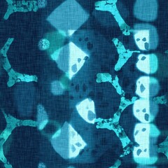Abstract indigo blue batik dye seamless pattern, Organic bleed effect dyed wash background.