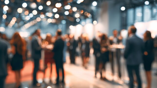 Blurred figures at a business event interacting under bokeh lights creating a dynamic, elegant ambiance in the building