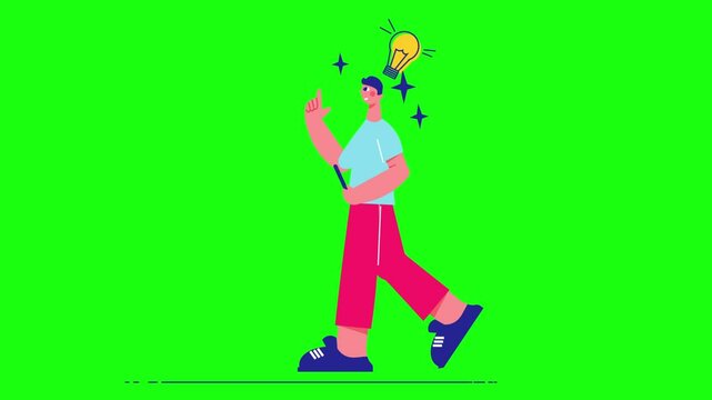 2D Man with Light Bulb on Head, Creative Thinking Illustration Animation on Green Screen Background in 4K Resolution