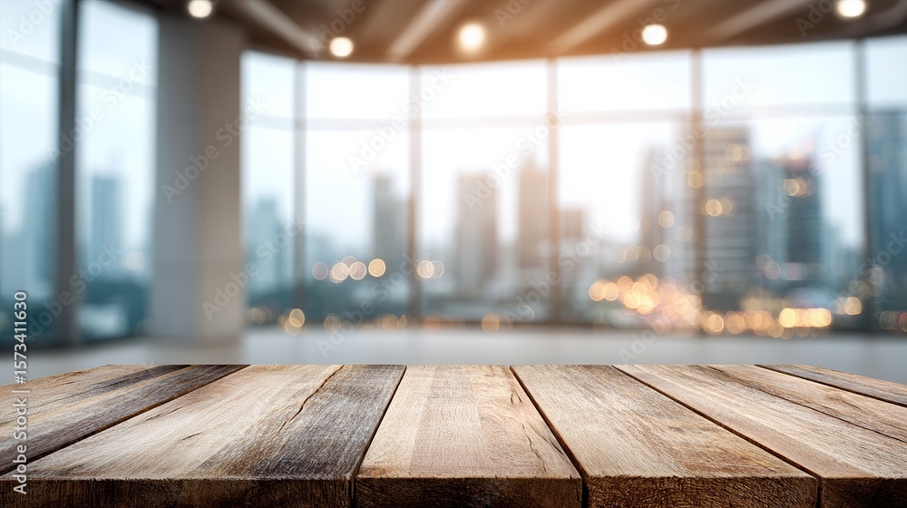 Poster rustic wood table foregrounds expansive window view with blurred cityscape and modern interior desig