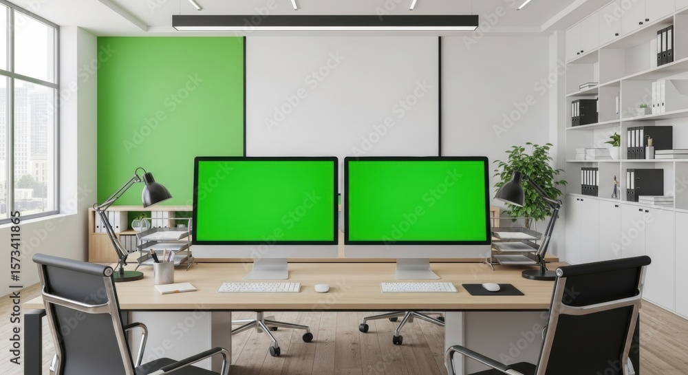 Fototapete two desktop computer with green screen monitor for presentation and copy space. modern office workpl