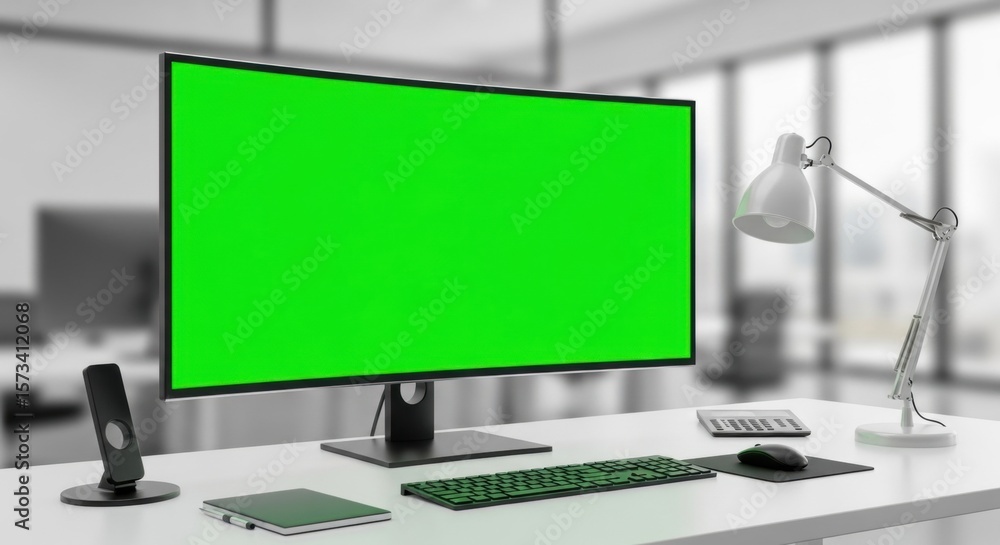 Fototapete computer monitor with green screen display on office desk. modern workspace with chromakey for digit