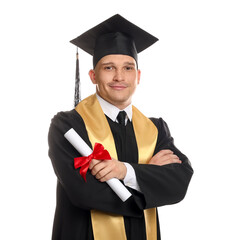 Student with diploma after graduation on white background
