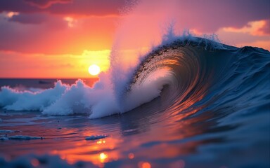 Vibrant ocean wave at sunset showcasing the beauty of nature with rich colors and dynamic movement reflecting tranquility and power. High quality