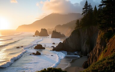 Stunning view of Pacific Rim, rugged west coast of Vancouver Island near Ucluelet during an evening golden light with its cliffs with trees. British Columbia, Canada. High quality