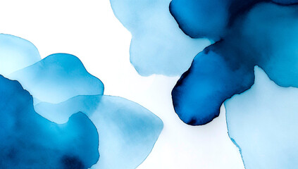 Artistic abstract blue watercolor background with fluid ink spots, horizontal shot, landscape orientation, wide format