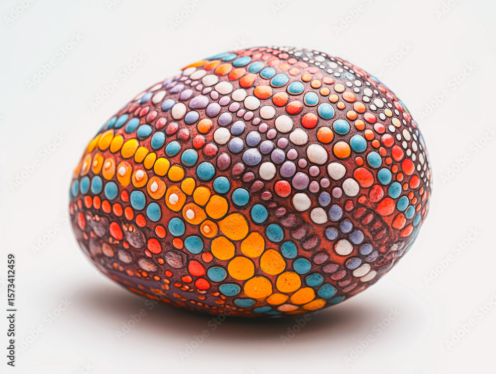 Poster colorful egg with a pattern of dots on it. the egg is painted in a variety of colors and has a uniqu